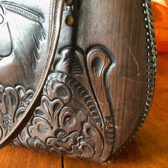 Vintage Jo-O-Kay tooled brown leather horse handbag - Picture 5 of 16